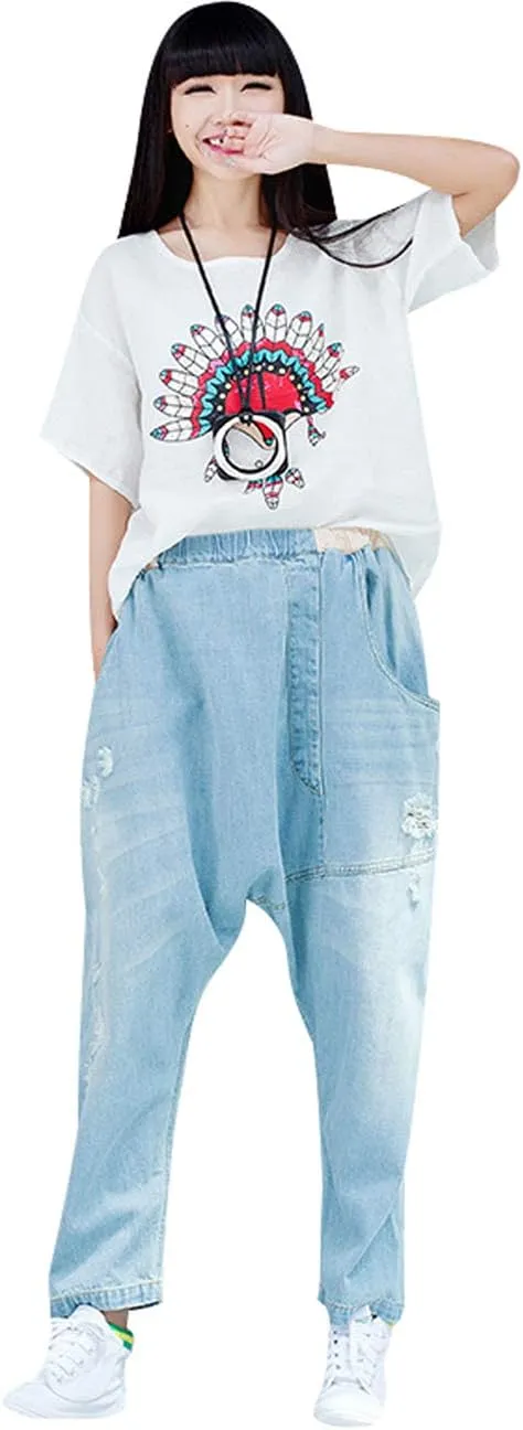 Women's Casual Drop Crotch Trousers Denim Jeans Ripped Harem Jeans