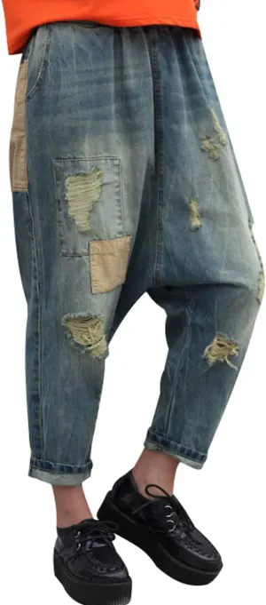 Women's Casual Drop Crotch Trousers Denim Jeans Ripped Harem Jeans