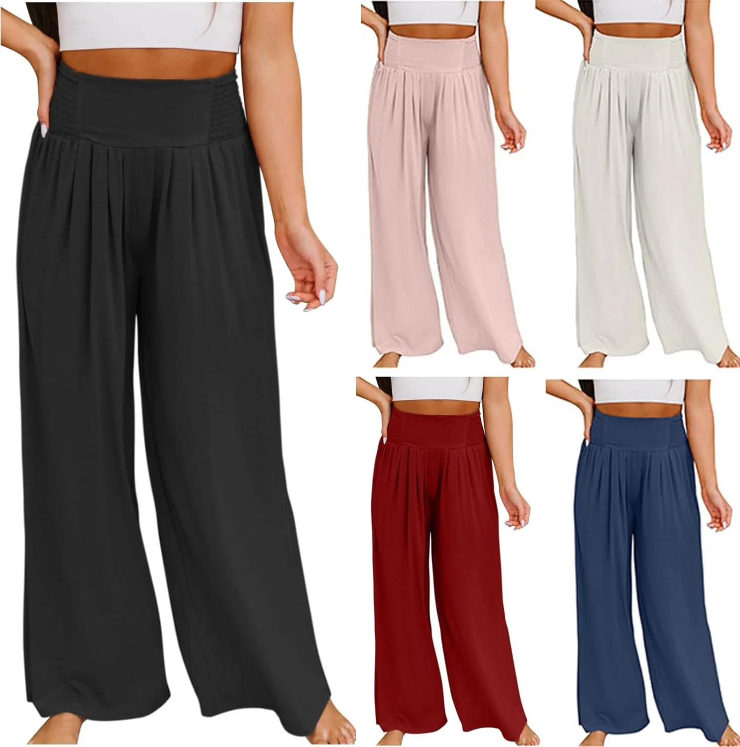 Women's Casual High Waist Elastic Cotton Linen Pants Summer Wide Leg with Pockets Trousers