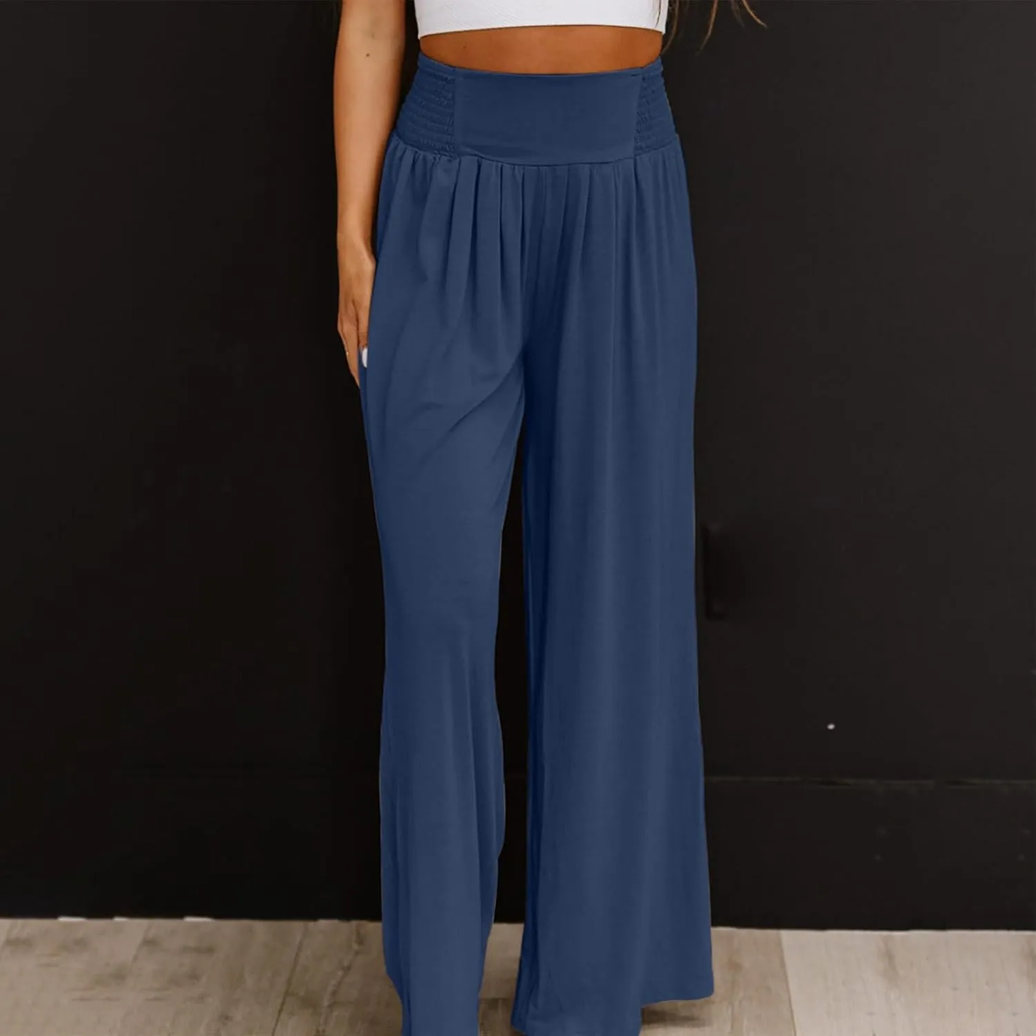 Women's Casual High Waist Elastic Cotton Linen Pants Summer Wide Leg with Pockets Trousers