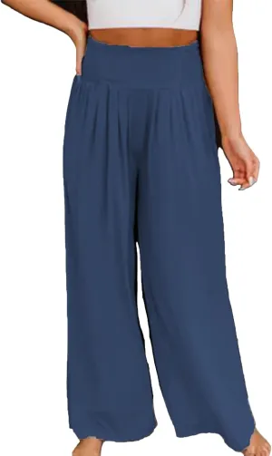 Women's Casual High Waist Elastic Cotton Linen Pants Summer Wide Leg with Pockets Trousers