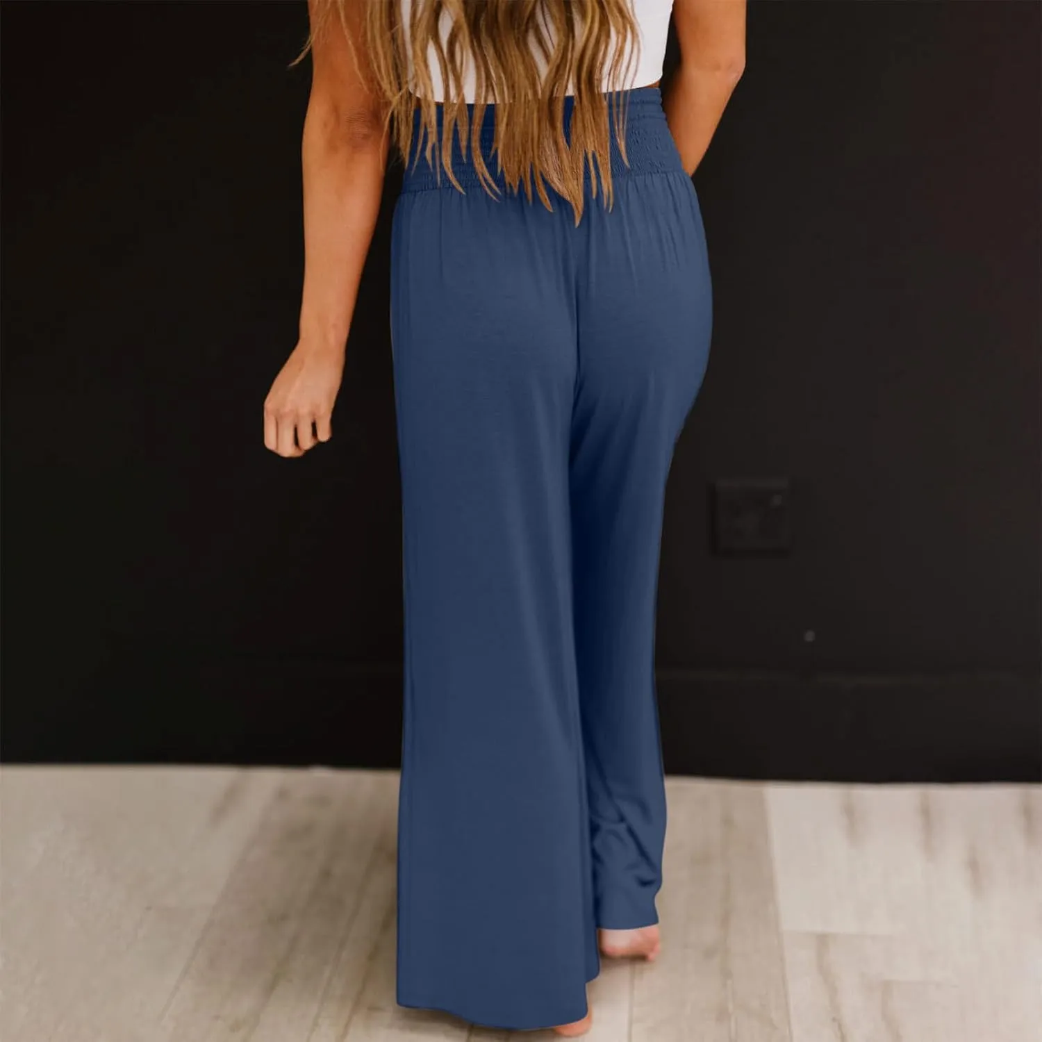 Women's Casual High Waist Elastic Cotton Linen Pants Summer Wide Leg with Pockets Trousers