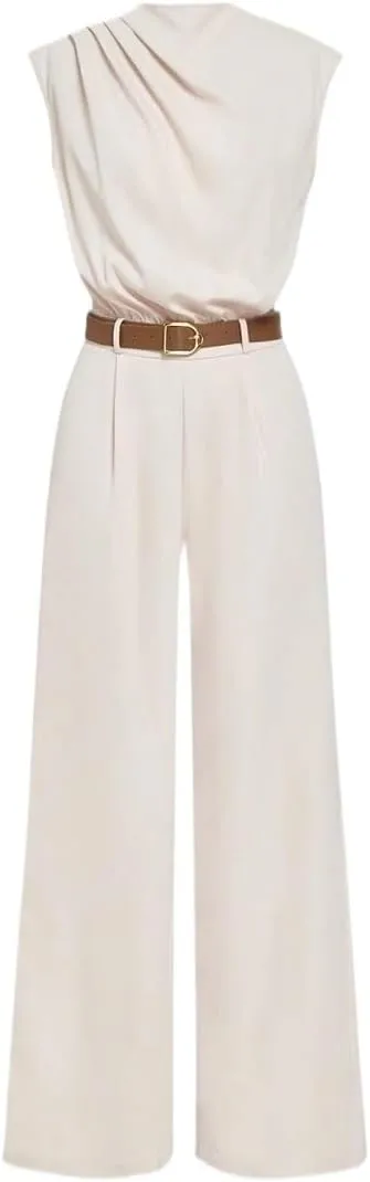 Women's Casual Loose Jumpsuits HIGH NECK SOLID POCKET JUMPSUIT WITH BELT