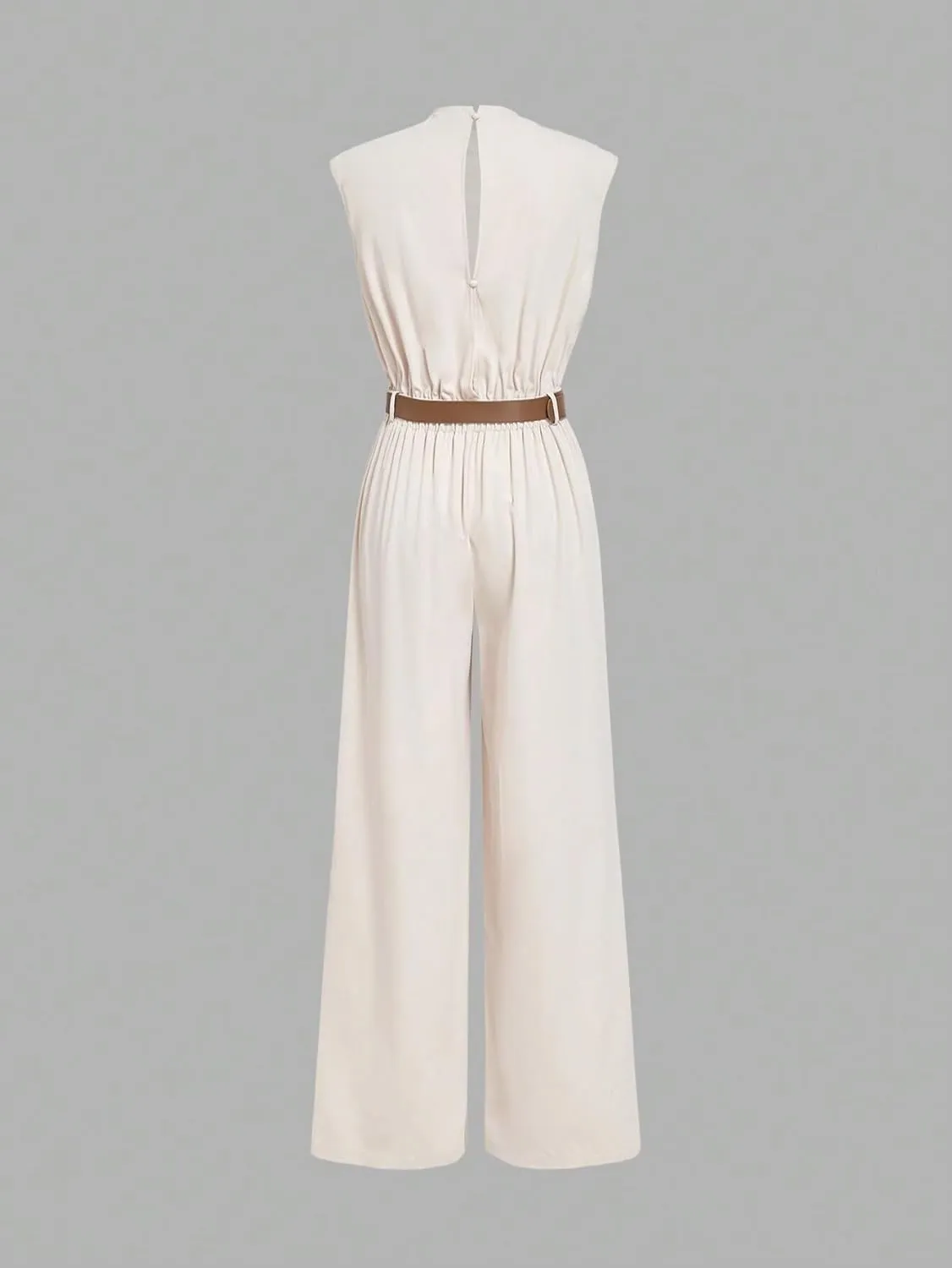 Women's Casual Loose Jumpsuits HIGH NECK SOLID POCKET JUMPSUIT WITH BELT