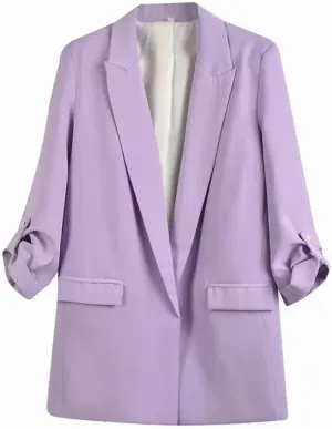 Women's Casual Notched Collar Blazers Pleated Sleeves Jacket without Buttons Solid Suit Coat