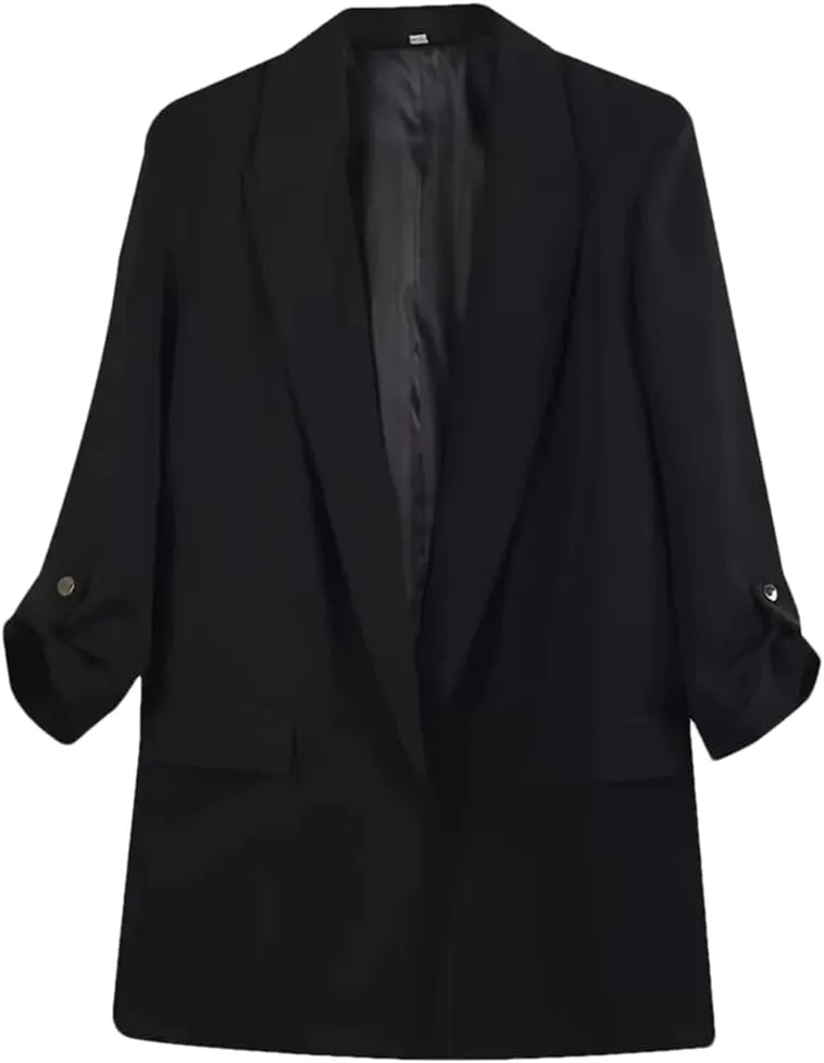 Women's Casual Notched Collar Blazers Pleated Sleeves Jacket without Buttons Solid Suit Coat