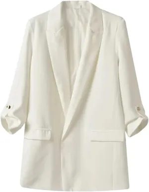 Women's Casual Notched Collar Blazers Pleated Sleeves Jacket without Buttons Solid Suit Coat