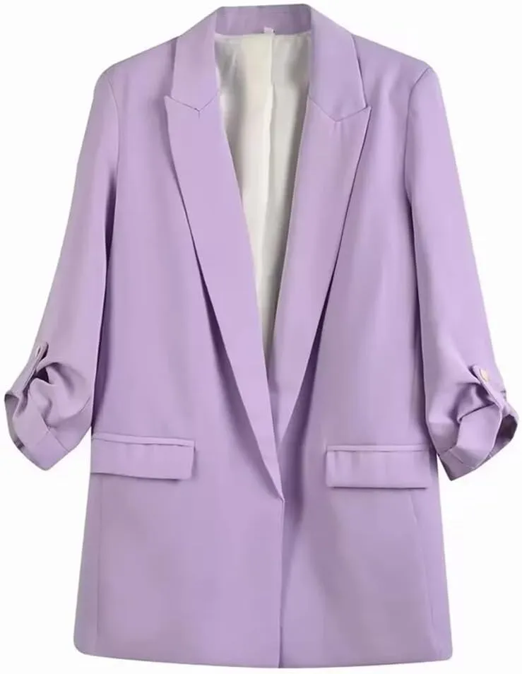 Women's Casual Notched Collar Blazers Pleated Sleeves Jacket without Buttons Solid Suit Coat
