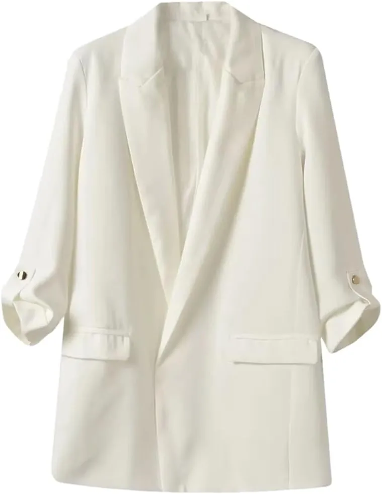 Women's Casual Notched Collar Blazers Pleated Sleeves Jacket without Buttons Solid Suit Coat