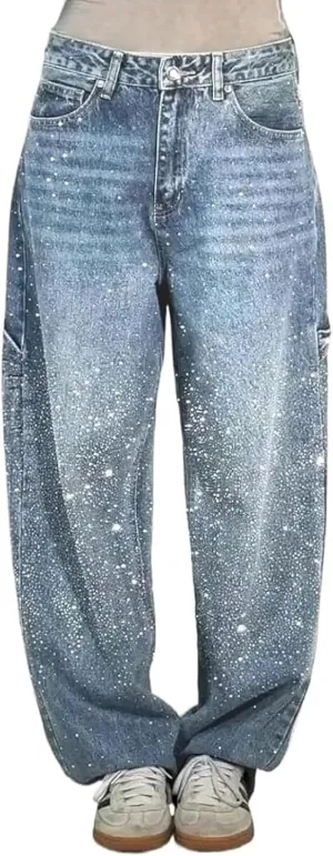 Women's Casual Rhinestone Loose Harem Jeans, High Waisted Rhinestone Jeans for Women, Wide Leg Bling Denim Pants