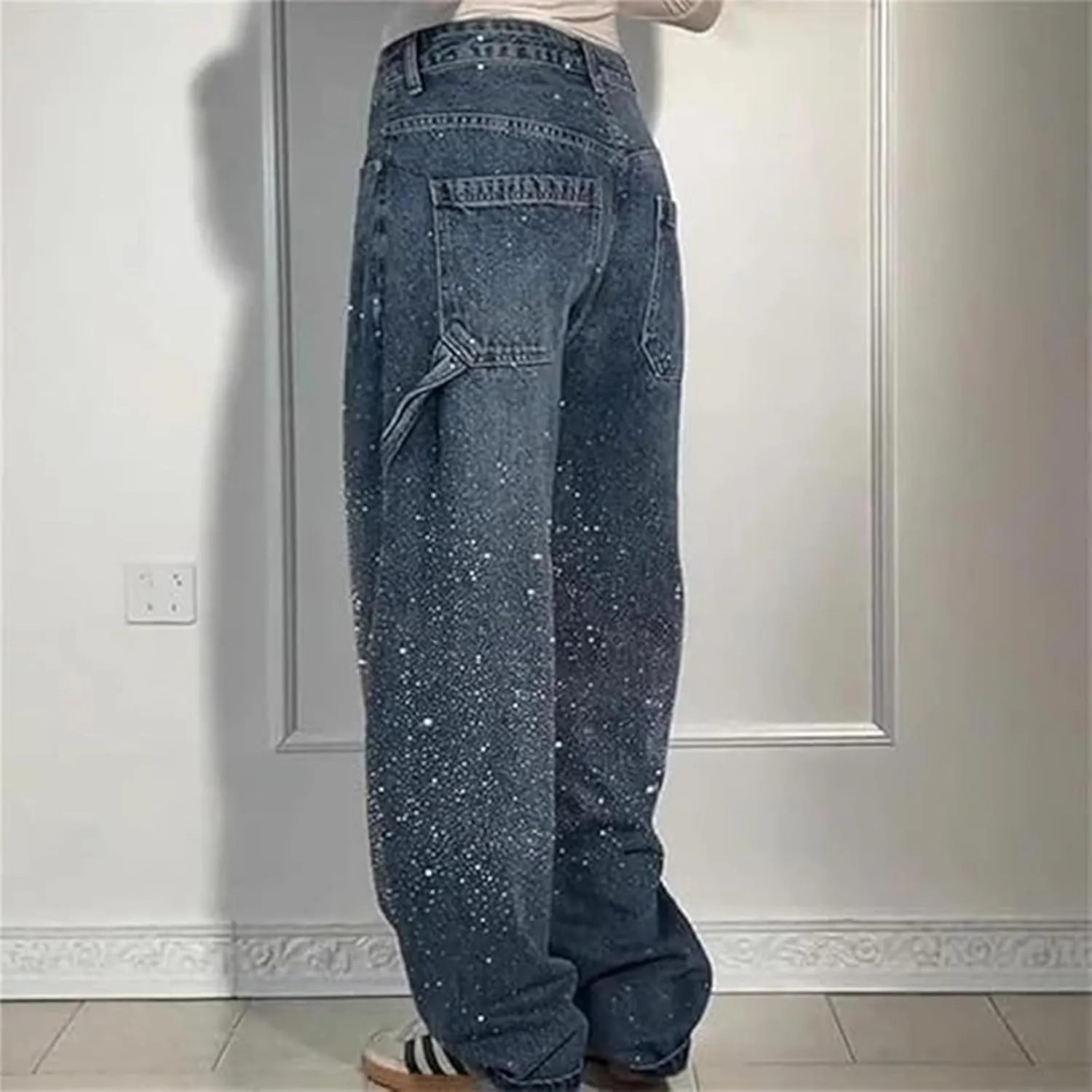 Women's Casual Rhinestone Loose Harem Jeans, High Waisted Rhinestone Jeans for Women, Wide Leg Bling Denim Pants
