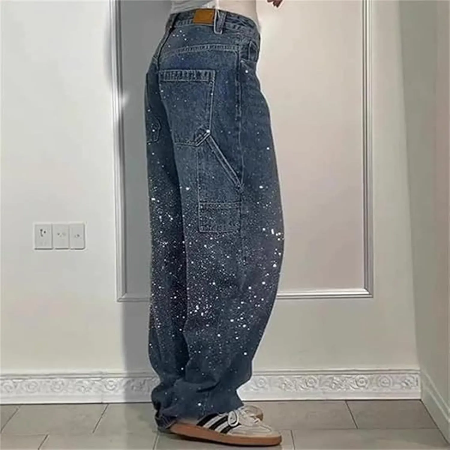 Women's Casual Rhinestone Loose Harem Jeans, High Waisted Rhinestone Jeans for Women, Wide Leg Bling Denim Pants