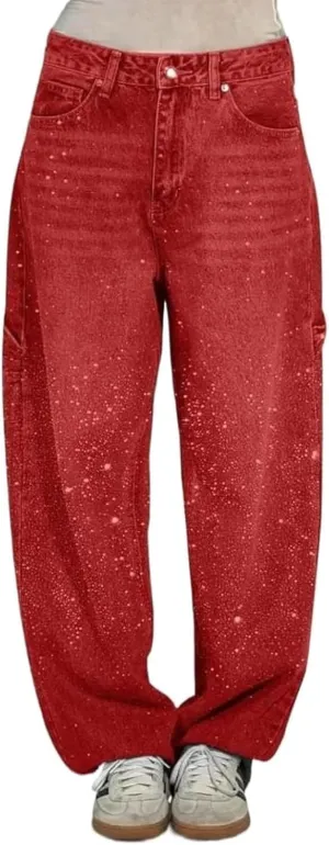 Women's Casual Rhinestone Loose Harem Jeans, High Waisted Rhinestone Jeans for Women, Wide Leg Bling Denim Pants
