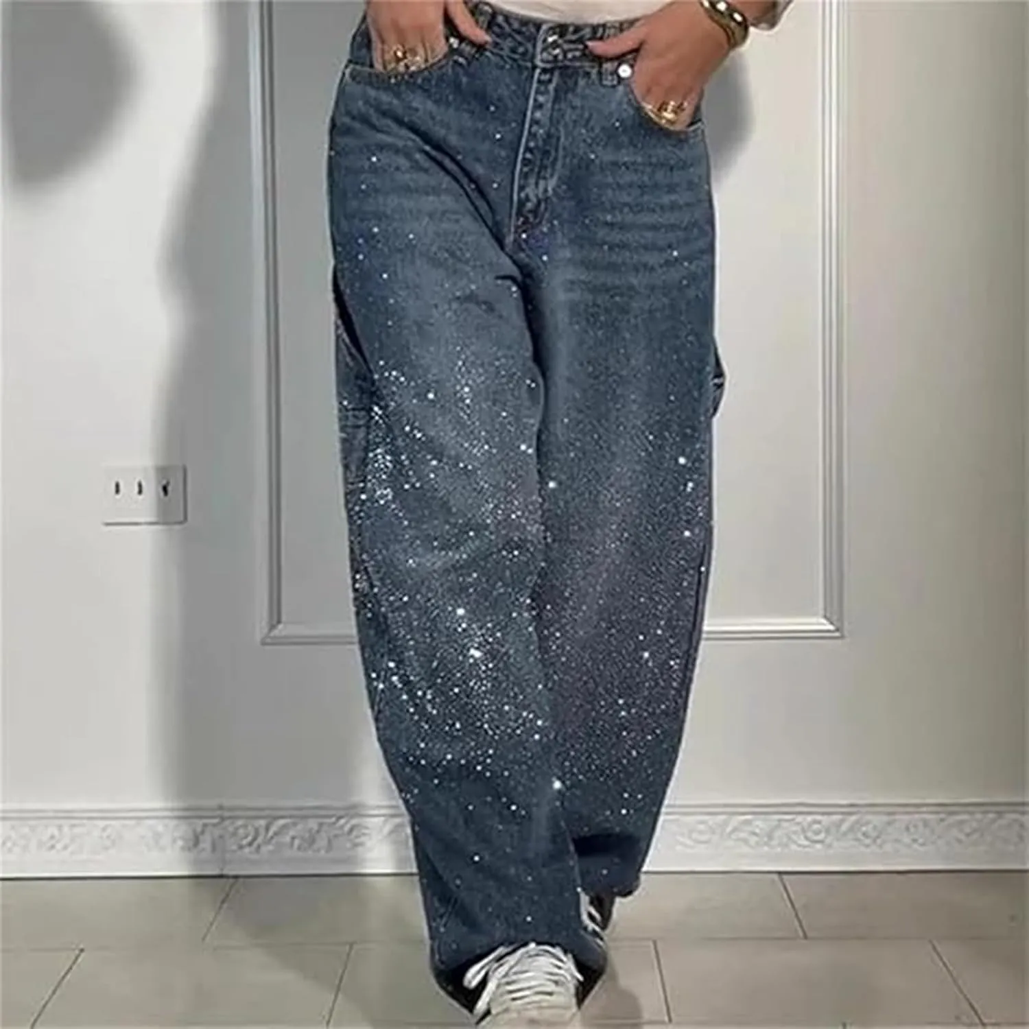 Women's Casual Rhinestone Loose Harem Jeans, High Waisted Rhinestone Jeans for Women, Wide Leg Bling Denim Pants
