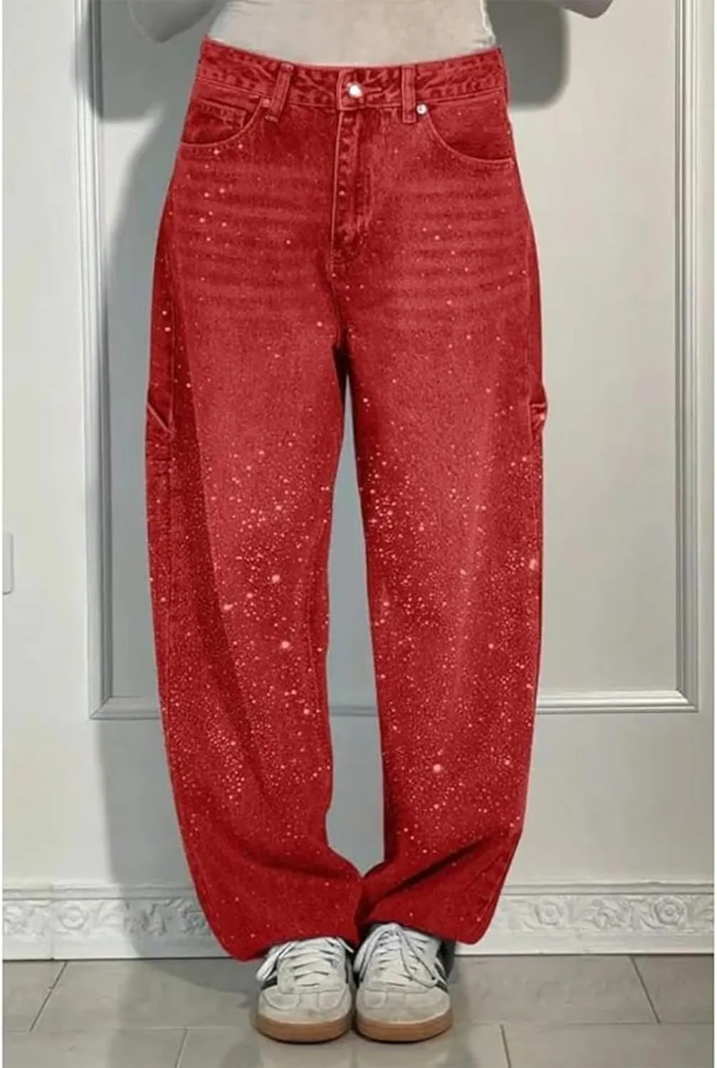 Women's Casual Rhinestone Loose Harem Jeans, High Waisted Rhinestone Jeans for Women, Wide Leg Bling Denim Pants