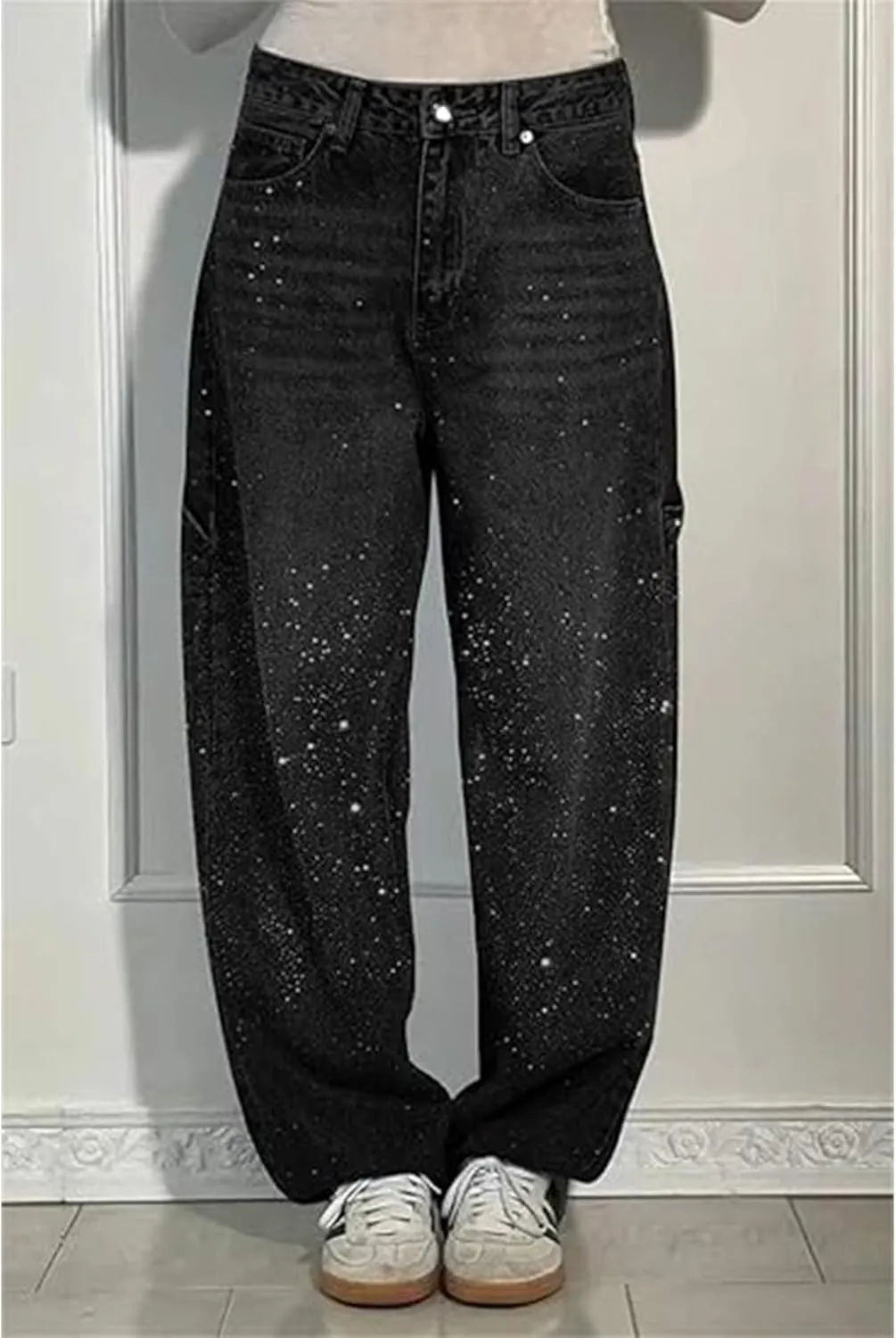 Women's Casual Rhinestone Loose Harem Jeans, High Waisted Rhinestone Jeans for Women, Wide Leg Bling Denim Pants