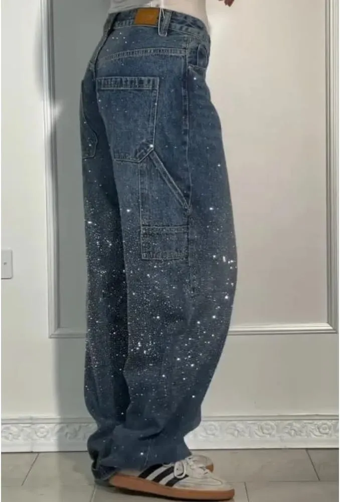 Women's Casual Rhinestone Loose Harem Jeans High Waisted Rhinestone Jeans Straight Wide Leg Sparkly Denim Pants