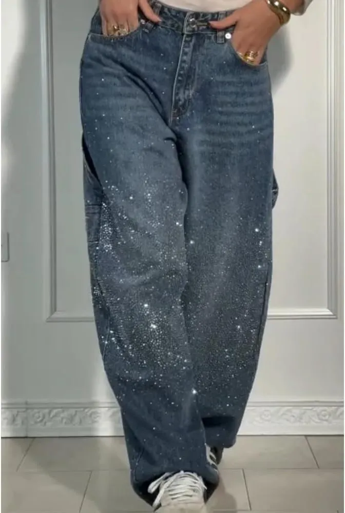 Women's Casual Rhinestone Loose Harem Jeans High Waisted Rhinestone Jeans Straight Wide Leg Sparkly Denim Pants