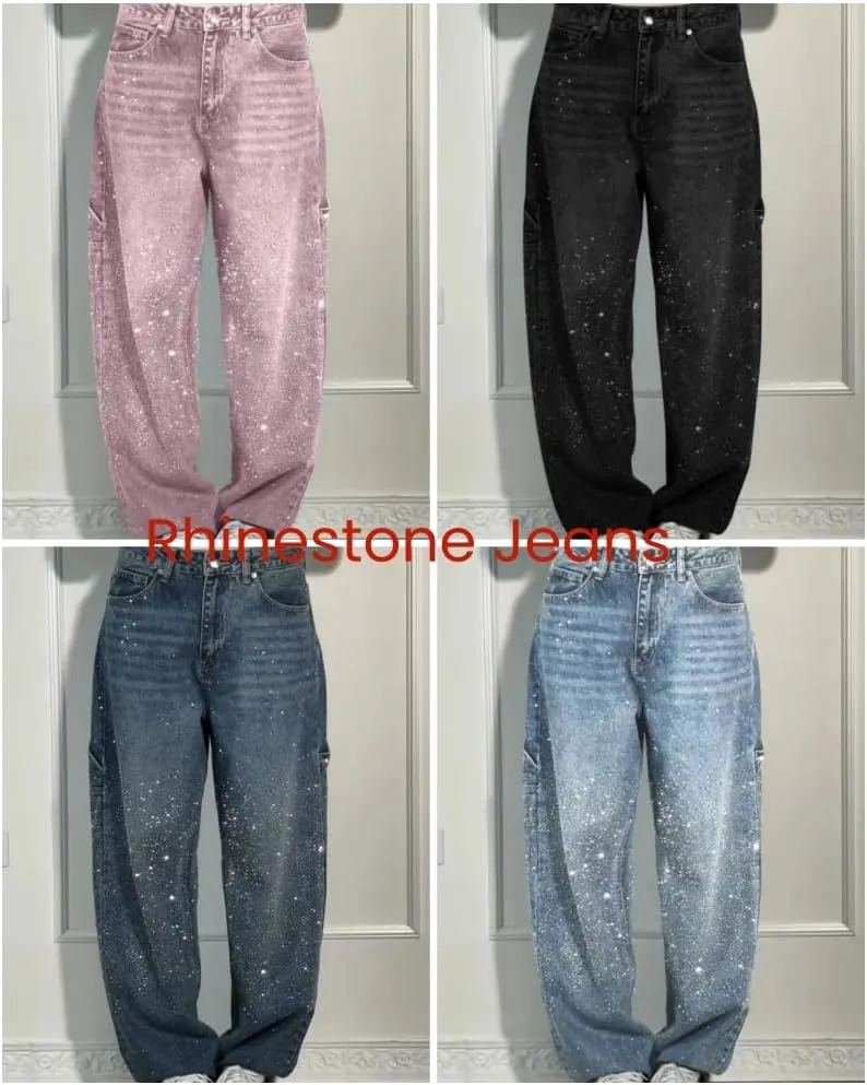Women's Casual Rhinestone Loose Harem Jeans High Waisted Rhinestone Jeans Straight Wide Leg Sparkly Denim Pants