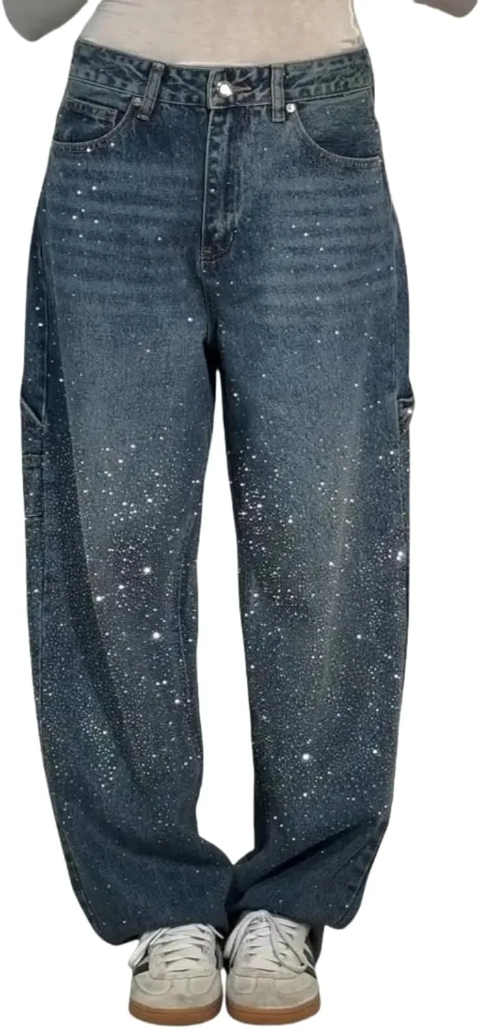 Women's Casual Rhinestone Loose Harem Jeans High Waisted Rhinestone Jeans Straight Wide Leg Sparkly Denim Pants