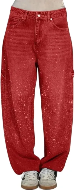Women's Casual Rhinestone Loose Harem Jeans High Waisted Rhinestone Jeans Straight Wide Leg Sparkly Denim Pants