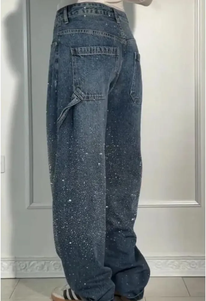 Women's Casual Rhinestone Loose Harem Jeans High Waisted Rhinestone Jeans Straight Wide Leg Sparkly Denim Pants
