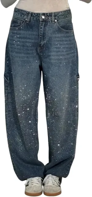 Women's Casual Rhinestone Loose Harem Jeans High Waisted Rhinestone Jeans Straight Wide Leg Sparkly Denim Pants