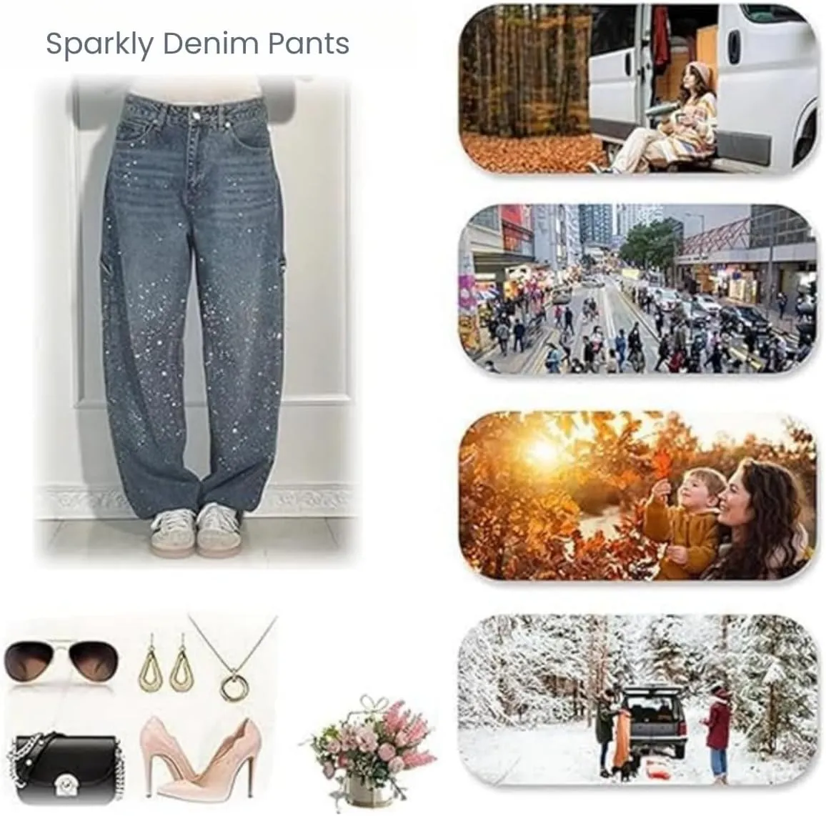 Women's Casual Rhinestone Loose Harem Jeans High Waisted Rhinestone Jeans Straight Wide Leg Sparkly Denim Pants
