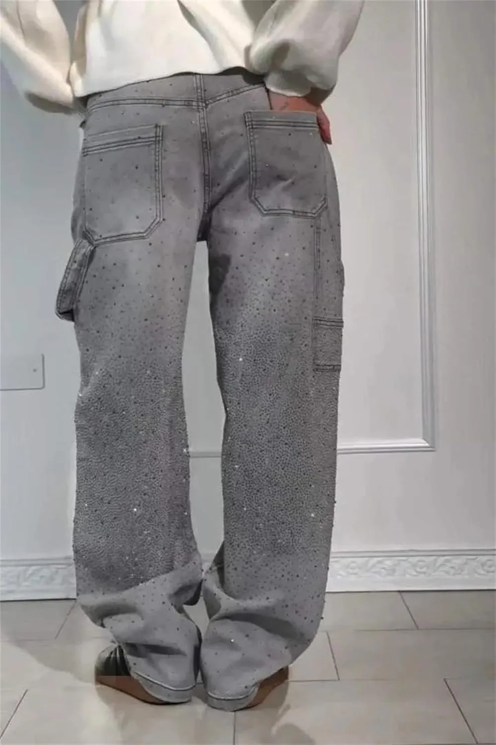 Women's Casual Rhinestone Loose Harem Jeans, Jeans with Rhinestones for Women, Straight Wide Leg Bling Denim Pants