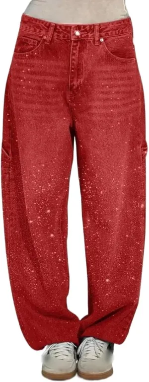 Women's Casual Rhinestone Loose Harem Jeans, Jeans with Rhinestones for Women, Straight Wide Leg Bling Denim Pants