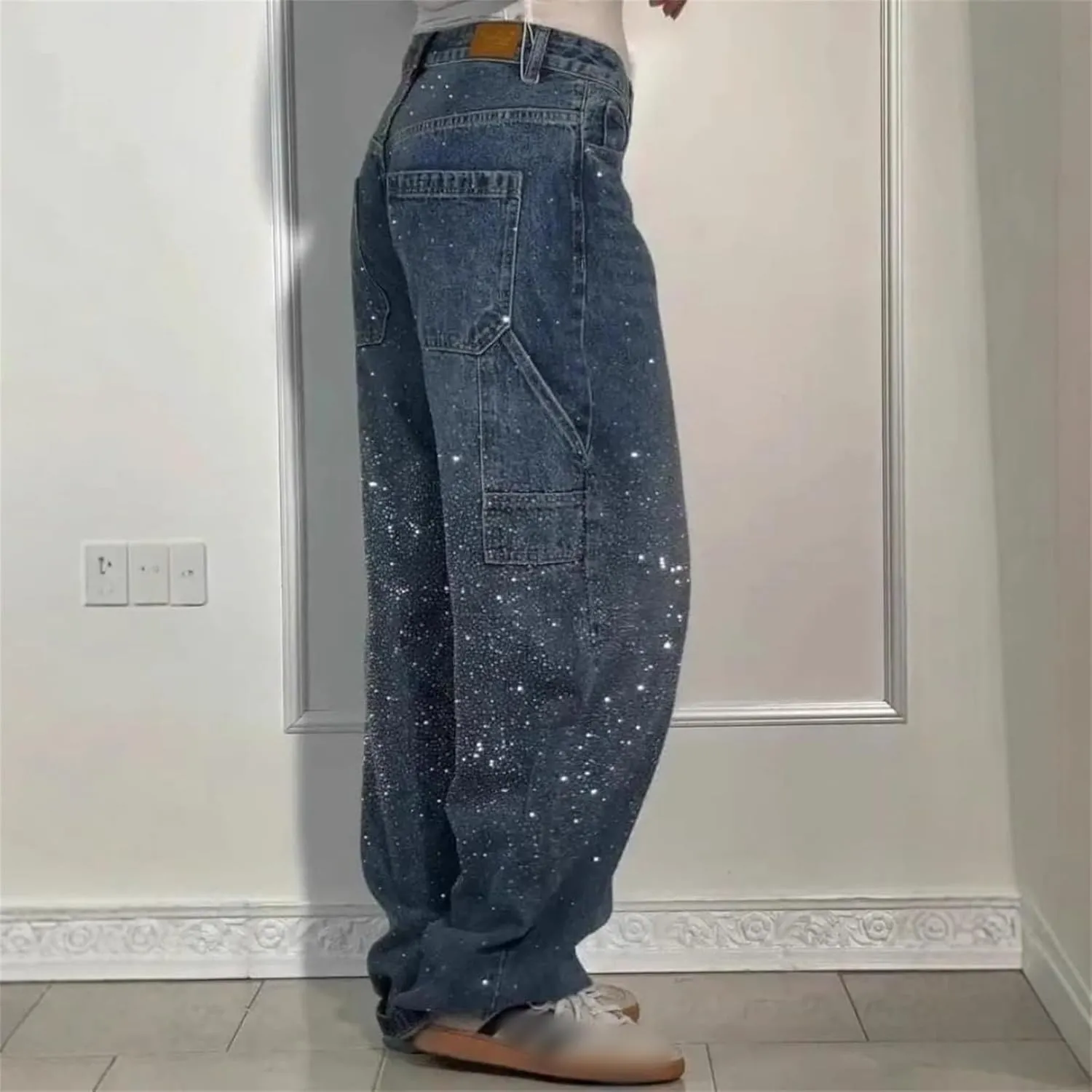 Women's Casual Rhinestone Loose Harem Jeans, Jeans with Rhinestones for Women, Straight Wide Leg Bling Denim Pants