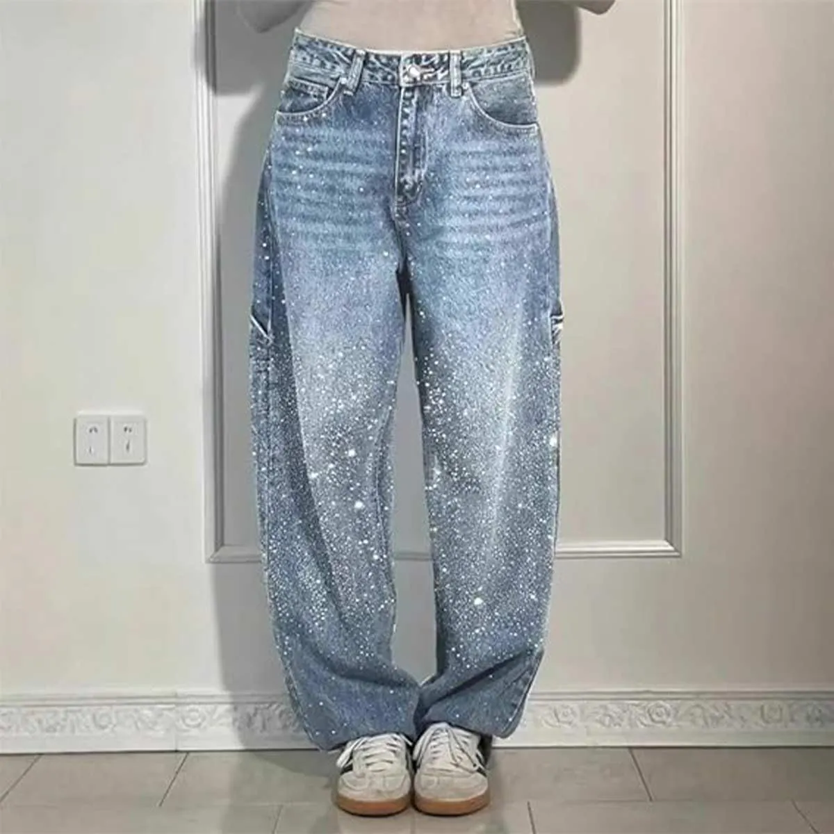 Women's Casual Rhinestone Loose Harem Jeans,Womens High Waisted Baggy Rhinestone Jeans,Straight Wide Leg Bling Denim Pants