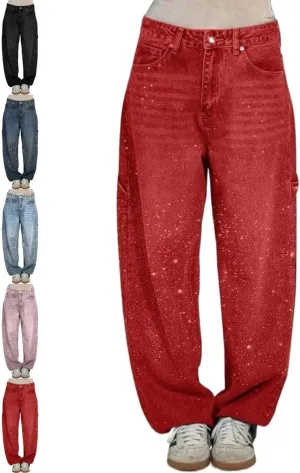 Women's Casual Rhinestone Loose Harem Jeans,Womens High Waisted Baggy Rhinestone Jeans,Straight Wide Leg Bling Denim Pants