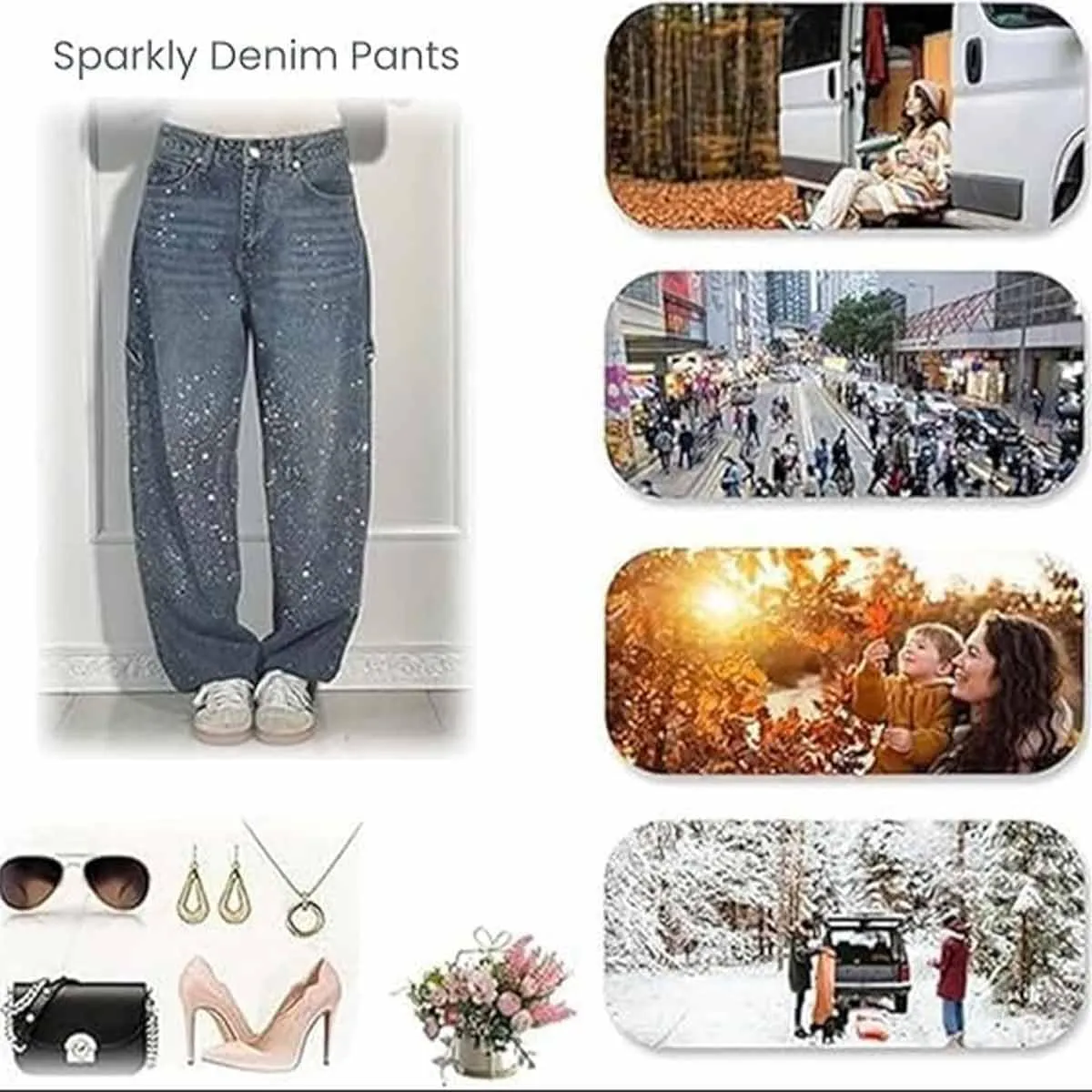 Women's Casual Rhinestone Loose Harem Jeans,Womens High Waisted Baggy Rhinestone Jeans,Straight Wide Leg Bling Denim Pants