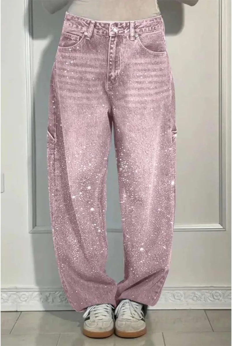 Women's Casual Rhinestone Loose Harem Jeans,Womens High Waisted Baggy Rhinestone Jeans,Straight Wide Leg Bling Denim Pants