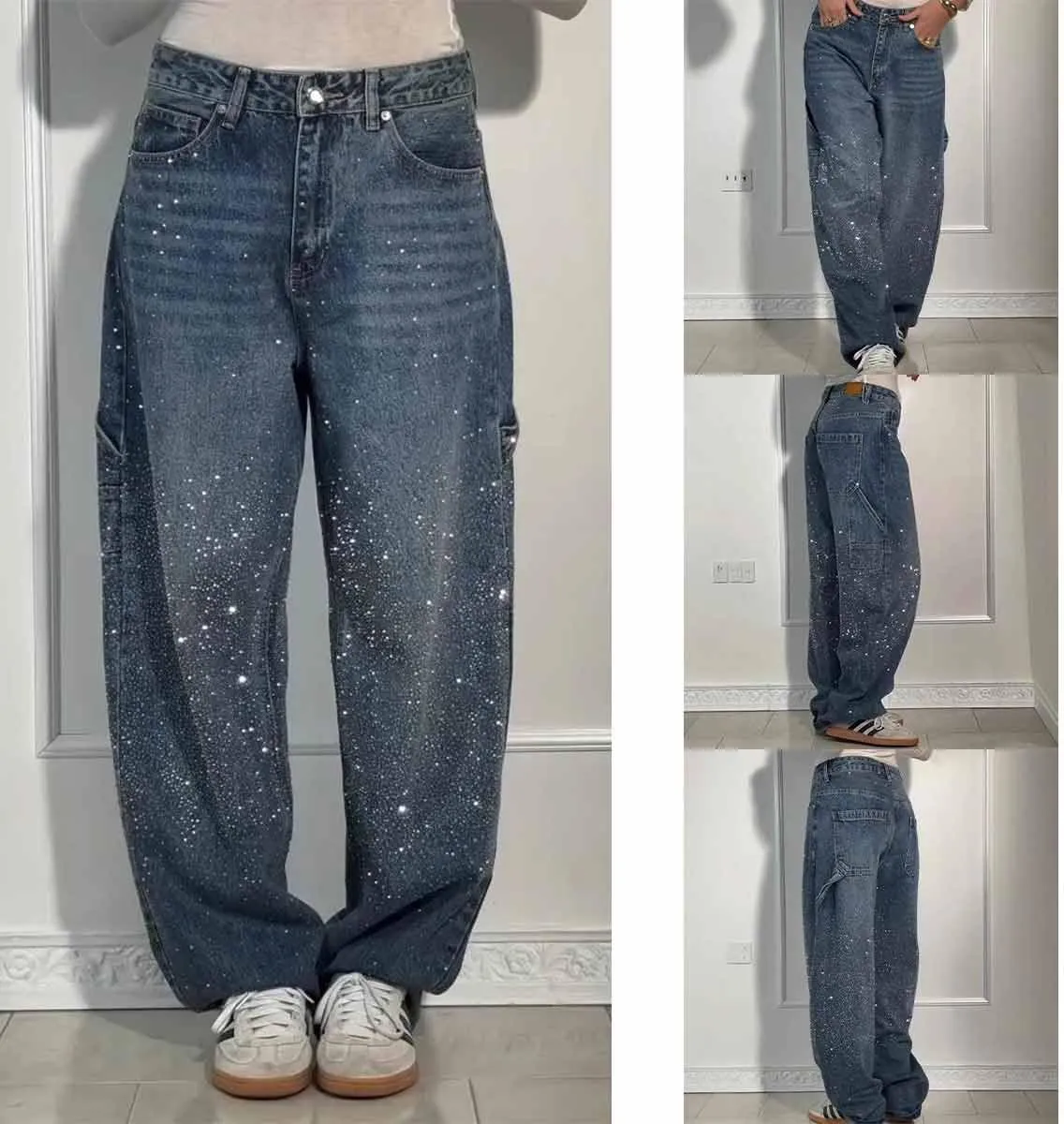 Women's Casual Rhinestone Loose Harem Jeans,Womens High Waisted Baggy Rhinestone Jeans,Straight Wide Leg Bling Denim Pants