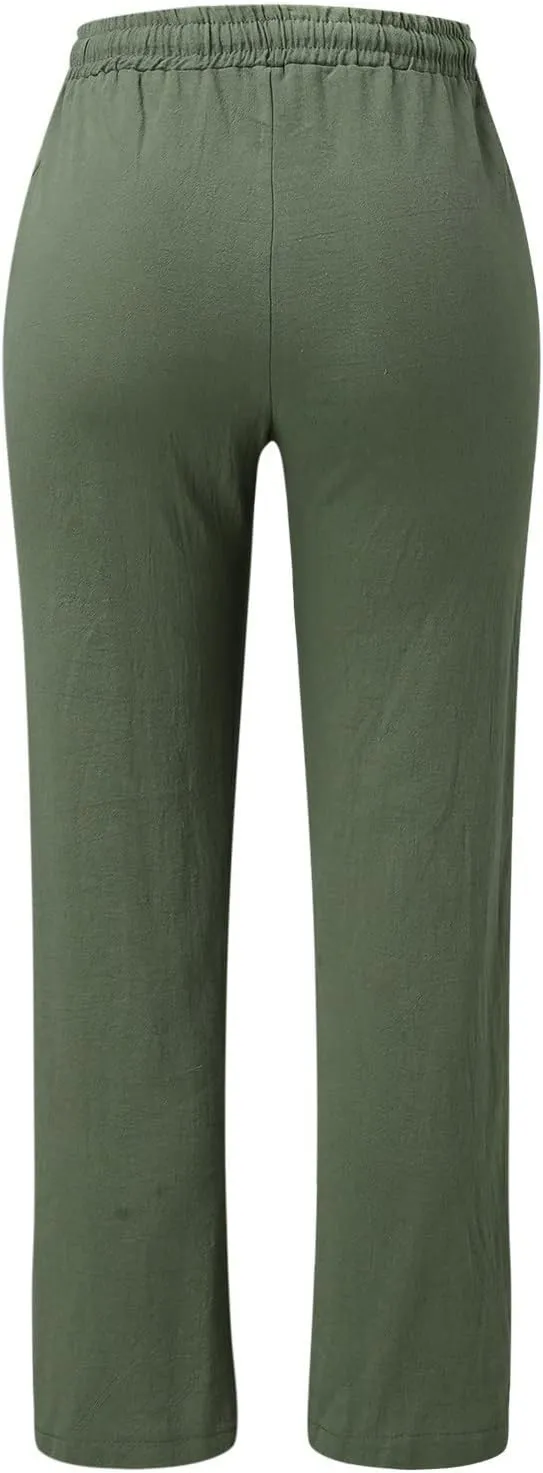 Women's Cotton Linen Summer Lightweigt Pant Trousers Low Waist Wide Leg Slim Fit Pants Office