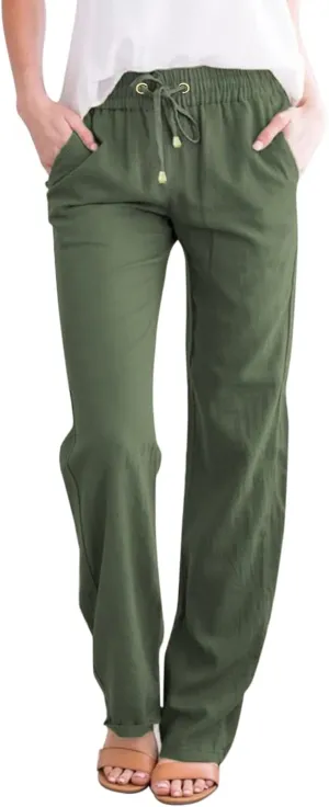 Women's Cotton Linen Summer Lightweigt Pant Trousers Low Waist Wide Leg Slim Fit Pants Office