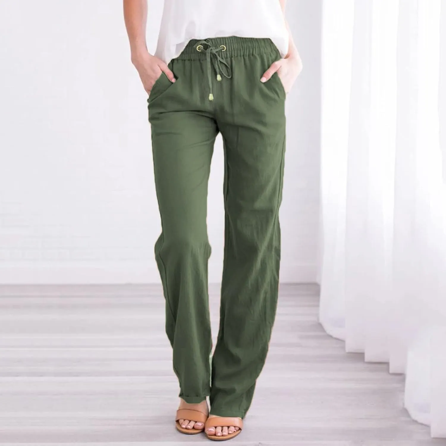 Women's Cotton Linen Summer Lightweigt Pant Trousers Low Waist Wide Leg Slim Fit Pants Office