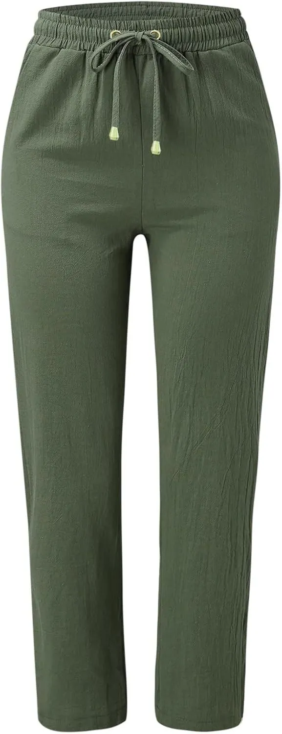 Women's Cotton Linen Summer Lightweigt Pant Trousers Low Waist Wide Leg Slim Fit Pants Office