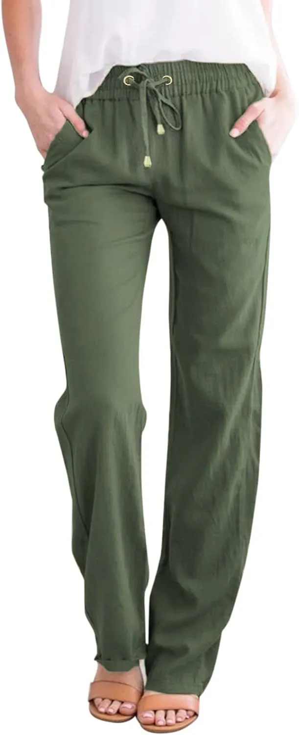 Women's Cotton Linen Summer Lightweigt Pant Trousers Low Waist Wide Leg Slim Fit Pants Office