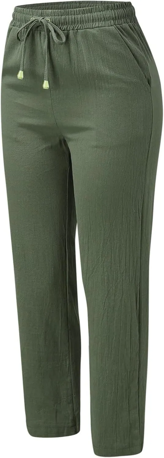 Women's Cotton Linen Summer Lightweigt Pant Trousers Low Waist Wide Leg Slim Fit Pants Office