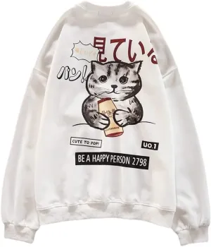 Women's Crewneck Sweatshirts Oversized Casual Long Sleeve Cotton Fall Tops Cute Cat Pattern Pullover Sweatshirt
