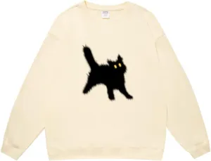 Women's Crewneck Sweatshirts Oversized Casual Long Sleeve Cotton Fall Tops Cute Cat Pattern Pullover Sweatshirt