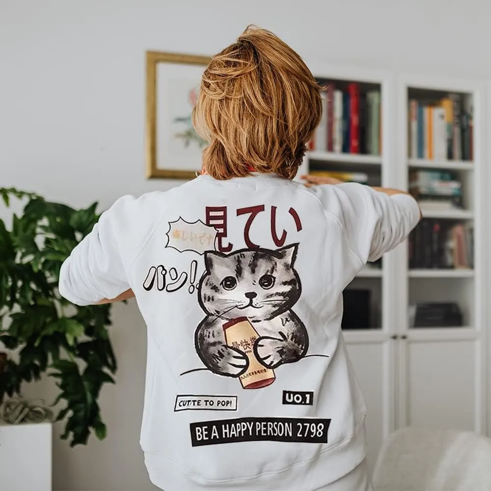 Women's Crewneck Sweatshirts Oversized Casual Long Sleeve Cotton Fall Tops Cute Cat Pattern Pullover Sweatshirt