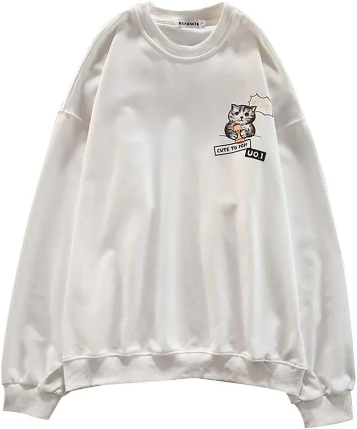 Women's Crewneck Sweatshirts Oversized Casual Long Sleeve Cotton Fall Tops Cute Cat Pattern Pullover Sweatshirt
