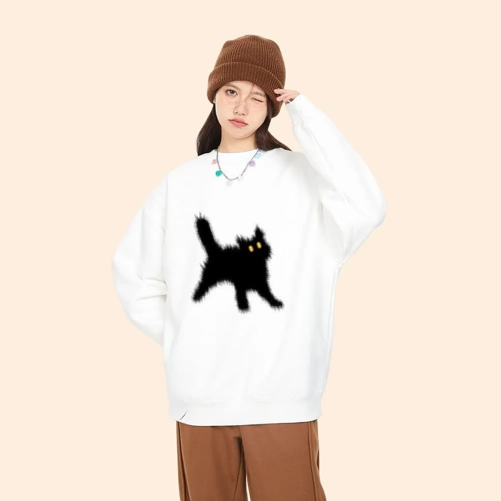 Women's Crewneck Sweatshirts Oversized Casual Long Sleeve Cotton Fall Tops Cute Cat Pattern Pullover Sweatshirt
