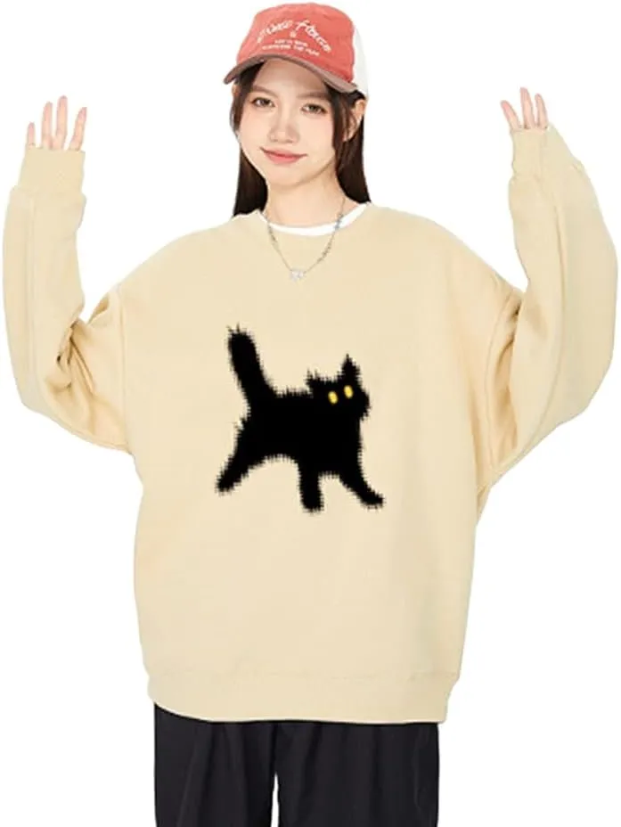 Women's Crewneck Sweatshirts Oversized Casual Long Sleeve Cotton Fall Tops Cute Cat Pattern Pullover Sweatshirt