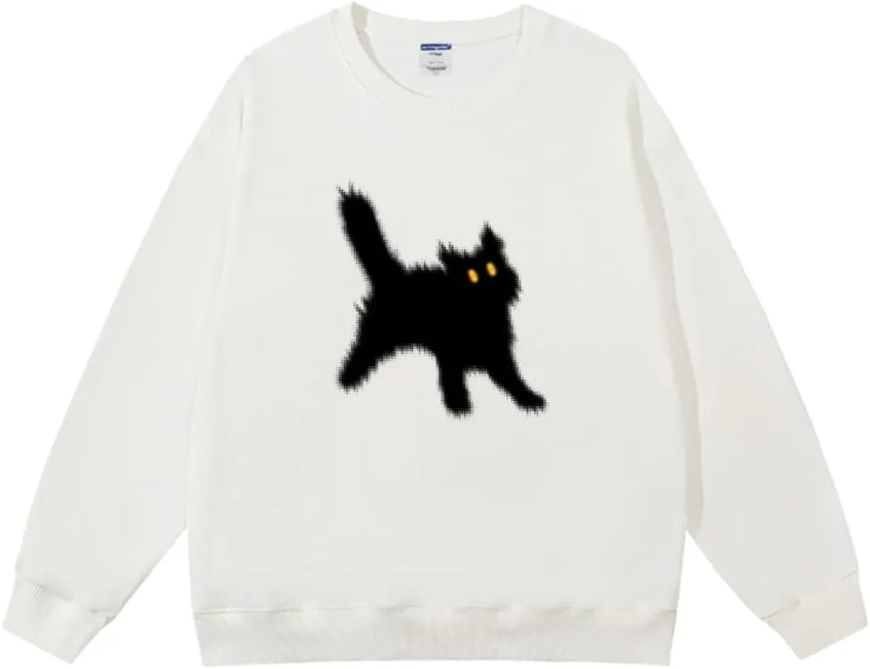 Women's Crewneck Sweatshirts Oversized Casual Long Sleeve Cotton Fall Tops Cute Cat Pattern Pullover Sweatshirt