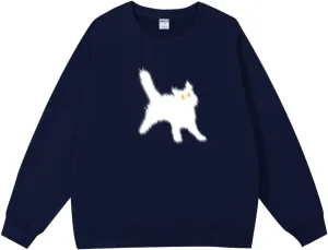 Women's Crewneck Sweatshirts Oversized Casual Long Sleeve Cotton Fall Tops Cute Cat Pattern Pullover Sweatshirt